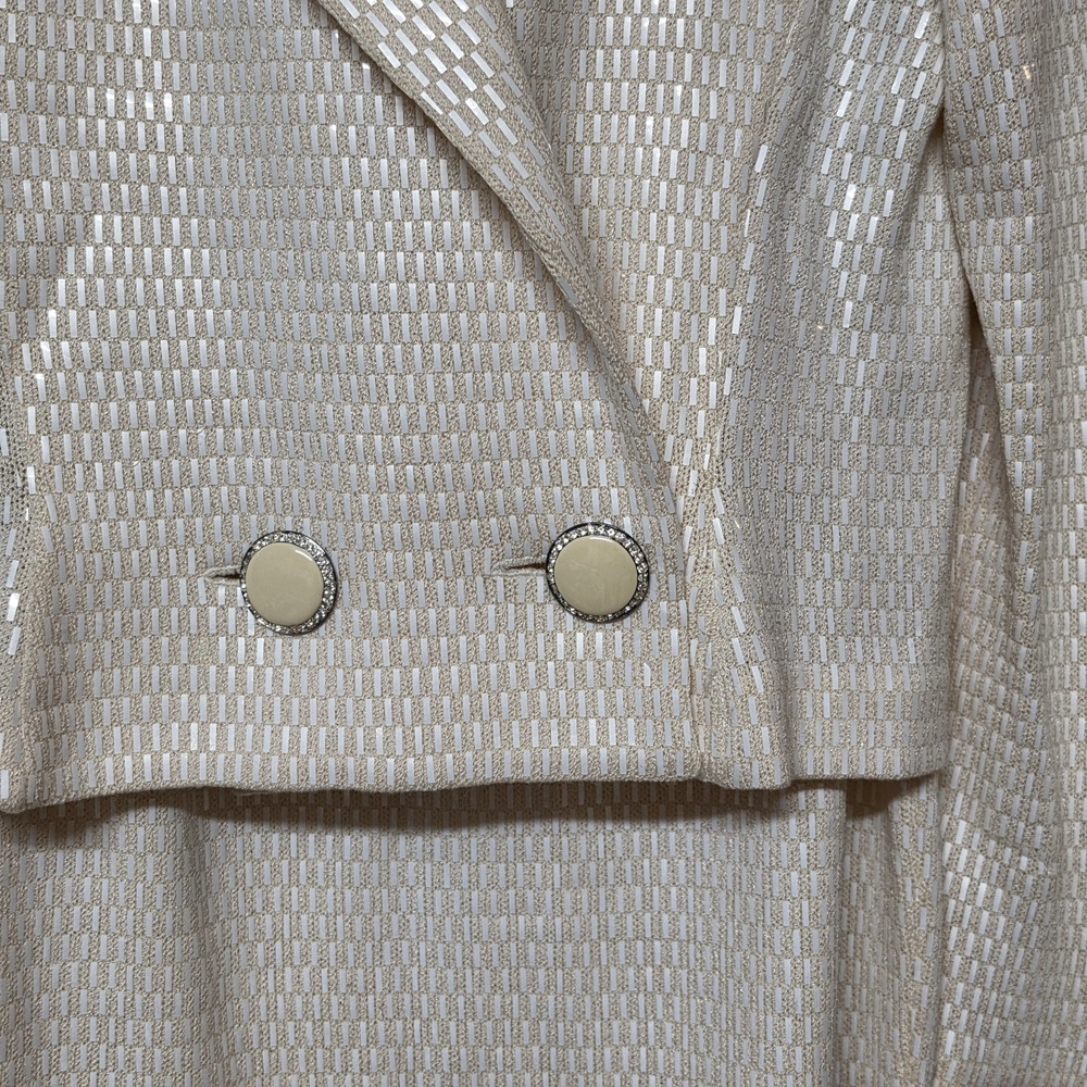 St John Marie Gray Size 2 Skirt Suit Ivory Sequin Knit Rhinestone Button 2PC - Picture 4 of 15